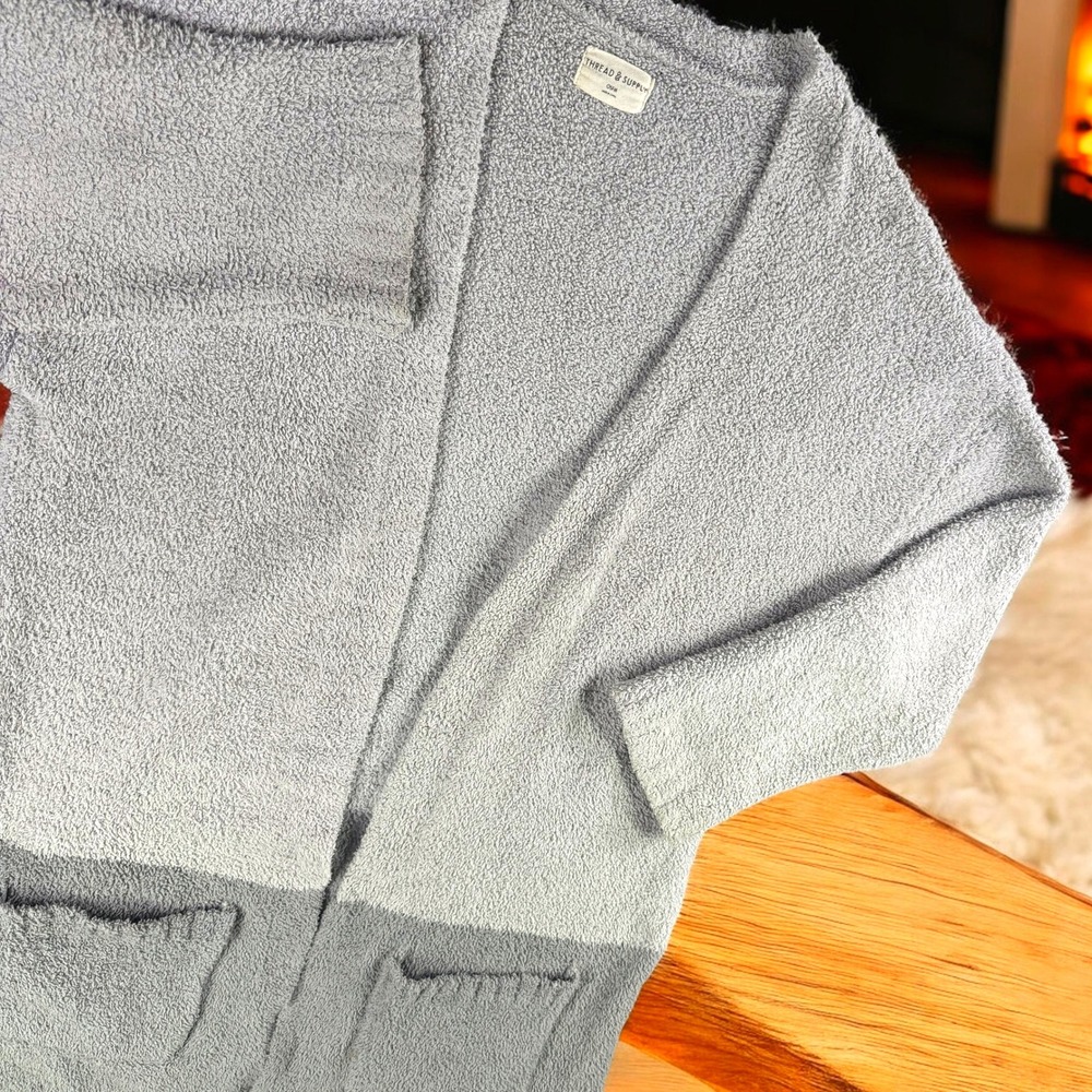 Thread Supply Cardigan OSFM Gray Open Knit Sweater Cozy‎ Color Block Pockets